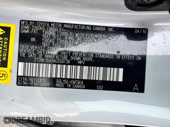 2010 Lexus RX 350 with VIN 2T2BK1BA9AC058738, listed as a Copart auction lot 63950045 with 299,148 mi miles and Clean title. Bid and sale history available at DreamBid. Image 10.