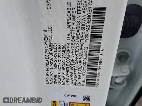 2024 Honda Accord EX with VIN 1HGCY1F32RA054292, listed as a Copart auction lot 55579315 with 13,876 mi miles and Salvage title. Bid and sale history available at DreamBid. Image 13.