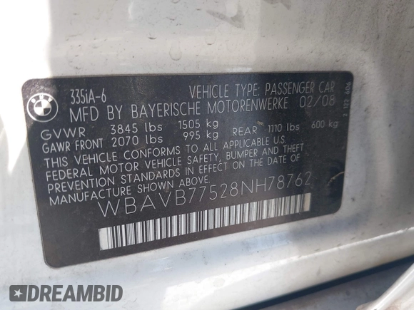 2008 BMW 3 Series 335i с VIN WBAVB77528NH78762, выставлен на аукционе IAAI как лот 42414203 с пробегом 138 115 миль миль и . История ставок и продаж доступна на DreamBid. Изображение 9.