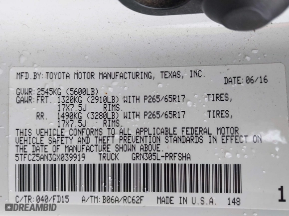 2016 Toyota Tacoma SR with VIN 5TFCZ5AN3GX039919, listed as a IAAI auction lot 41607382 with 107,703 mi miles. Bid and sale history available at carsss.com. Image 9.