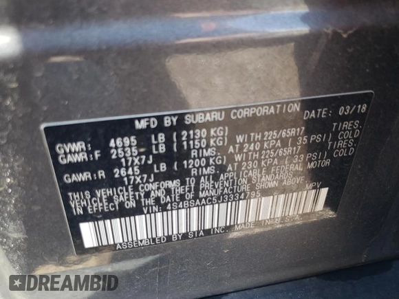 2018 Subaru Outback with VIN 4S4BSAAC5J3334795, listed as a Copart auction lot 60635945 with 53,700 mi miles and Salvage title. Bid and sale history available at DreamBid. Image 12.