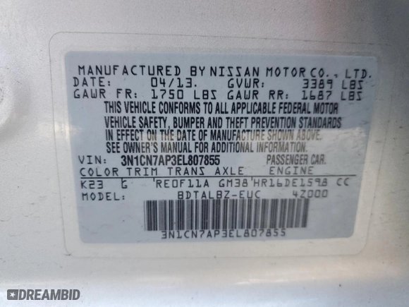 2014 Nissan Versa S Plus with VIN 3N1CN7AP3EL807855, listed as a Copart auction lot 53170725 with 82,741 mi miles and Clean Title. Bid and sale history available at carsss.com. Image 13.