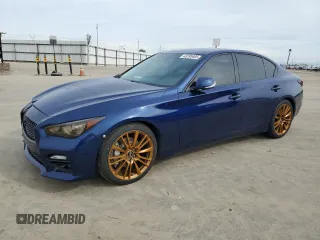 2016 Infiniti Q50 Red Sport 400 with VIN JN1FV7APXGM420158, listed as a Copart auction lot 43395405 with 114,943 mi miles and Salvage title. Bid and sale history available at DreamBid. Image 1.