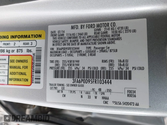 2015 Ford Fusion Titanium with VIN 3FA6P0D95FR103444, listed as a IAAI auction lot 41411473 with 213,729 mi miles. Bid and sale history available at carsss.com. Image 9.