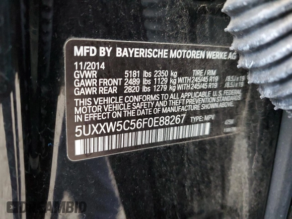 2015 BMW X4 xDrive35i with VIN 5UXXW5C56F0E88267, listed as a Copart auction lot 47888925 with 101,859 mi miles and Salvage title. Bid and sale history available at DreamBid. Image 13.
