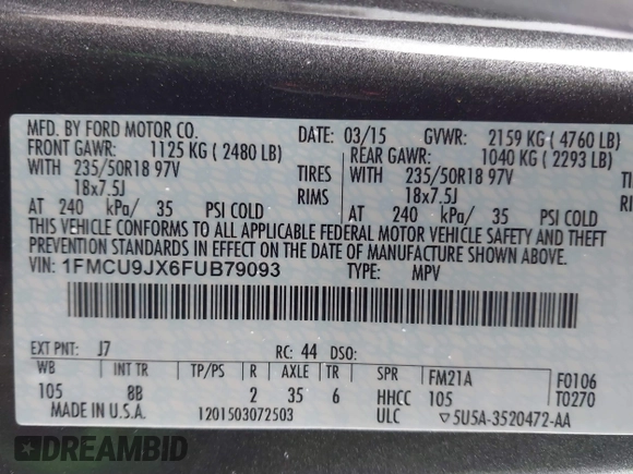 2015 Ford Escape Titanium with VIN 1FMCU9JX6FUB79093, listed as a IAAI auction lot 41805057 with 87,788 mi miles. Bid and sale history available at carsss.com. Image 9.