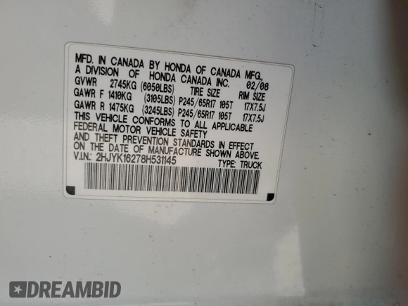 2008 Honda Ridgeline RT with VIN 2HJYK16278H531145, listed as a Copart auction lot 51677525 with 242,609 mi miles and Salvage title. Bid and sale history available at DreamBid. Image 12.
