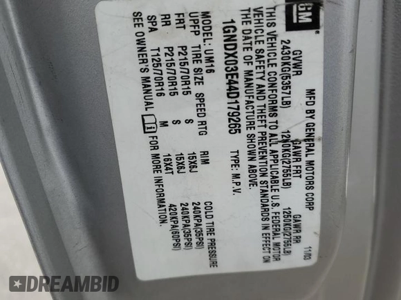 2004 Chevrolet Venture LS z VIN 1GNDX03E44D179265, wystawiony jako Copart lot #82254644 z przebiegiem Nie podano mil oraz Szkody całkowita. Historia ofert i sprzedaży dostępna na DreamBid. Obrazek 16.