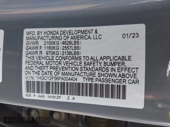 2023 Honda Accord Sport with VIN 1HGCY2F56PA004404, listed as a IAAI auction lot 41901660 with 45,902 mi miles and . Bid and sale history available at DreamBid. Image 9.