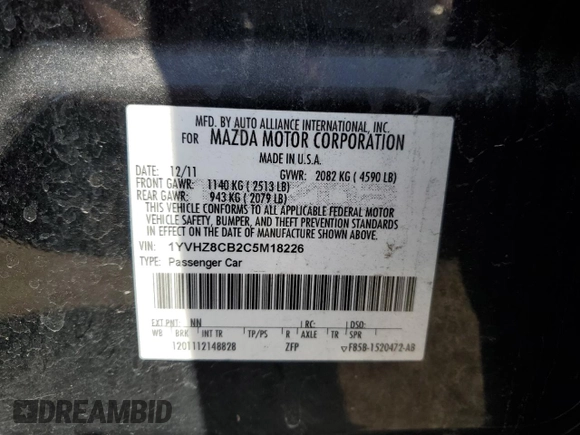2012 Mazda 6 S Grand Touring with VIN 1YVHZ8CB2C5M18226, listed as a Copart auction lot 48585065 with 128,390 mi miles and Salvage Title. Bid and sale history available at DreamBid. Image 12.