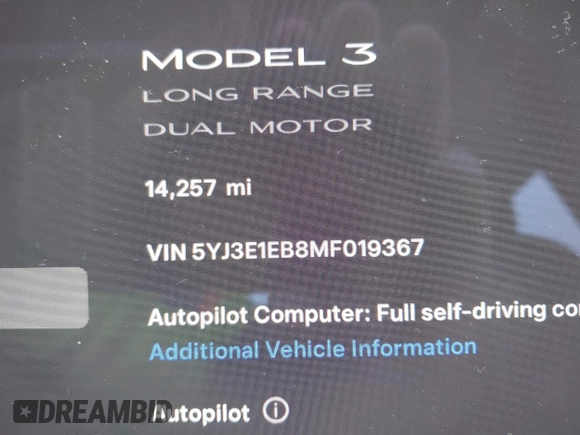 2021 Tesla Model 3 Long Range with VIN 5YJ3E1EB8MF019367, listed as a IAAI auction lot 41506094 with 14,257 mi miles and . Bid and sale history available at DreamBid. Image 16.