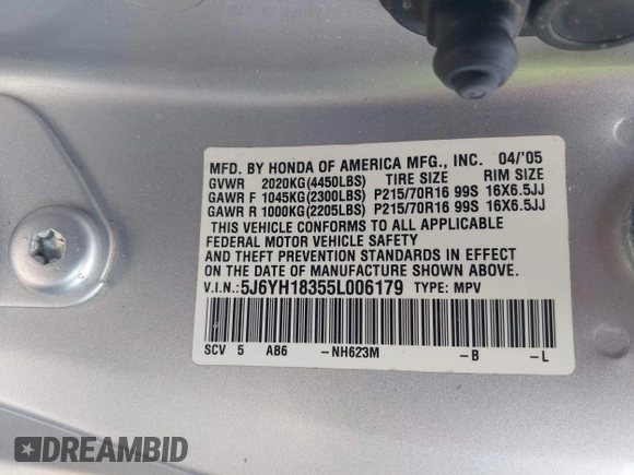 2005 Honda Element LX with VIN 5J6YH18355L006179, listed as a IAAI auction lot 41941764 with 196,772 mi miles and . Bid and sale history available at DreamBid. Image 9.