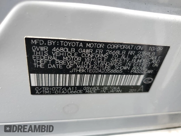 2010 Lexus ES 330 with VIN JTHBK1EG2A2358865, listed as a Copart auction lot 58476703 with 145,376 mi miles and Non Repairable. Bid and sale history available at DreamBid. Image 12.