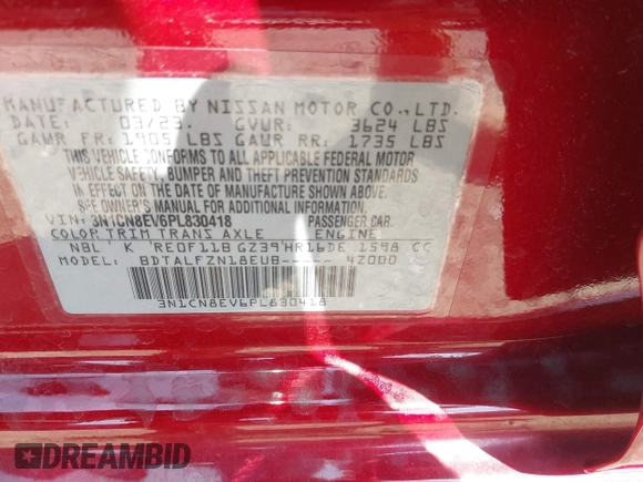 2023 Nissan Versa SV with VIN 3N1CN8EV6PL830418, listed as a IAAI auction lot 42393064 with 19,414 mi miles and . Bid and sale history available at DreamBid. Image 9.