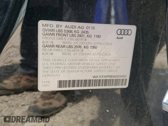 2013 Audi Q5 Premium with VIN WA1CFAFP8DA059460, listed as a Copart auction lot 54691185 with Not provided miles and Salvage title. Bid and sale history available at DreamBid. Image 13.