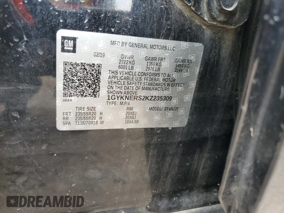 2019 Cadillac XT5 Premium Luxury FWD with VIN 1GYKNERS2KZ235309, listed as a Copart auction lot 54136495 with 133,964 mi miles and Salvage title. Bid and sale history available at DreamBid. Image 13.