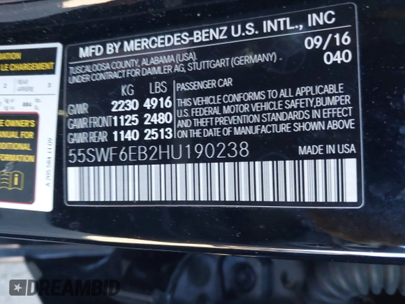 2017 Mercedes-Benz C 43 AMG with VIN 55SWF6EB2HU190238, listed as a IAAI auction lot 41022080 with 64,672 mi miles and . Bid and sale history available at DreamBid. Image 9.