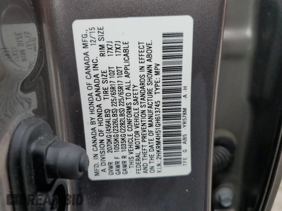 2016 Honda CR-V EX z VIN 2HKRM4H51GH613745, wystawiony jako Copart lot #52100315 z przebiegiem 118 744 mil mil oraz Szkoda całkowita • Salvage title. Historia ofert i sprzedaży dostępna na DreamBid. Obrazek 13.