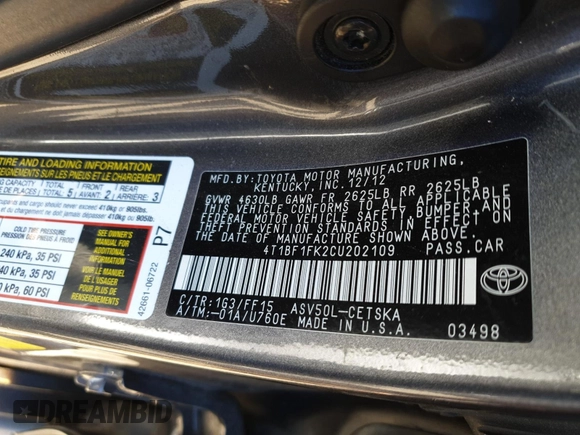 2012 Toyota Camry L with VIN 4T1BF1FK2CU202109, listed as a Copart auction lot 51356325 with 92,290 mi miles and Non Repairable. Bid and sale history available at DreamBid. Image 10.