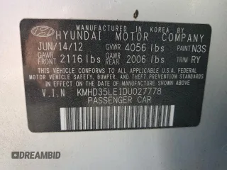 2013 Hyundai Elantra with VIN KMHD35LE1DU027778, listed as a Copart auction lot 62960035 with 215,537 mi miles and Clean title. Bid and sale history available at DreamBid. Image 12.