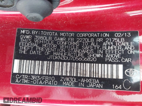 2013 Toyota Prius One z VIN JTDKN3DU7D5606820, wystawiony jako IAAI lot #42326667 z przebiegiem 163 856 mil mil oraz . Historia ofert i sprzedaży dostępna na DreamBid. Obrazek 9.