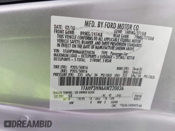 2010 Ford Focus SEL with VIN 1FAHP3HN6AW220036, listed as a IAAI auction lot 42054132 with 237,797 mi miles. Bid and sale history available at carsss.com. Image 9.