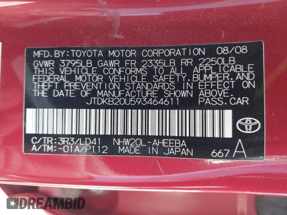 2009 Toyota Prius with VIN JTDKB20U593464611, listed as a IAAI auction lot 42035041 with 139,896 mi miles. Bid and sale history available at carsss.com. Image 9.