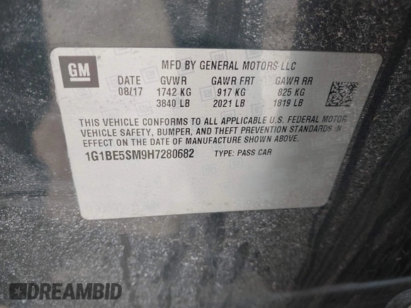 2017 Chevrolet Cruze LT with VIN 1G1BE5SM9H7280682, listed as a IAAI auction lot 41861445 with 129,873 mi miles and . Bid and sale history available at DreamBid. Image 9.