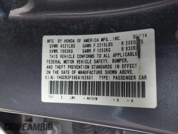 2014 Honda Accord Sport with VIN 1HGCR2F59EA162651, listed as a IAAI auction lot 41779670 with 107,668 mi miles and . Bid and sale history available at DreamBid. Image 9.