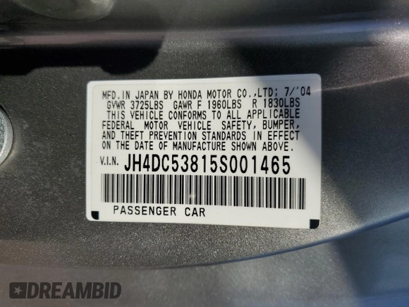 2005 Acura RSX z VIN JH4DC53815S001465, wystawiony jako Copart lot #77030044 z przebiegiem 163 371 mil mil oraz Szkoda całkowita • Salvage title. Historia ofert i sprzedaży dostępna na DreamBid. Obrazek 12.