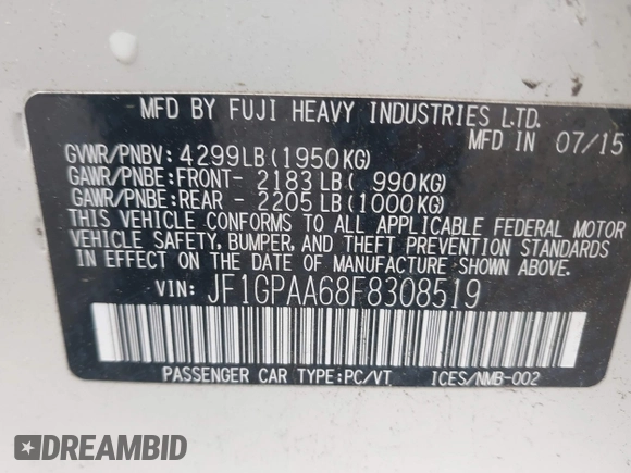 2015 Subaru Impreza 2.0i z VIN JF1GPAA68F8308519, wystawiony jako IAAI lot #42290716 z przebiegiem 59 110 mil mil oraz . Historia ofert i sprzedaży dostępna na DreamBid. Obrazek 9.