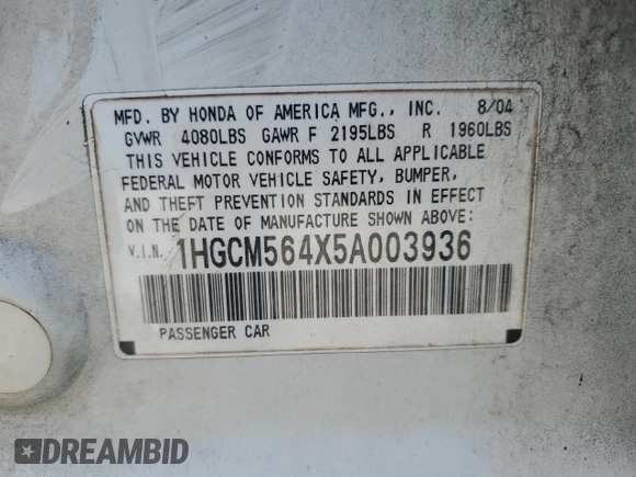 2005 Honda Accord LX with VIN 1HGCM564X5A003936, listed as a Copart auction lot 64819155 with 160,545 mi miles and Clean title. Bid and sale history available at DreamBid. Image 12.