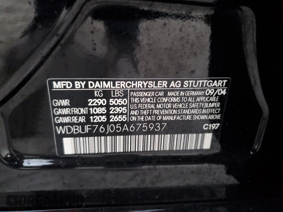 2005 Mercedes-Benz E-Class 5.5L AMG with VIN WDBUF76J05A675937, listed as a Copart auction lot 77349524 with 0 mi miles and Salvage Title. Bid and sale history available at carsss.com. Image 13.