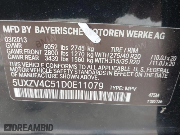 2013 BMW X5 xDrive35i z VIN 5UXZV4C51D0E11079, wystawiony jako IAAI lot #41875305 z przebiegiem 161 861 mil mil oraz . Historia ofert i sprzedaży dostępna na DreamBid. Obrazek 9.