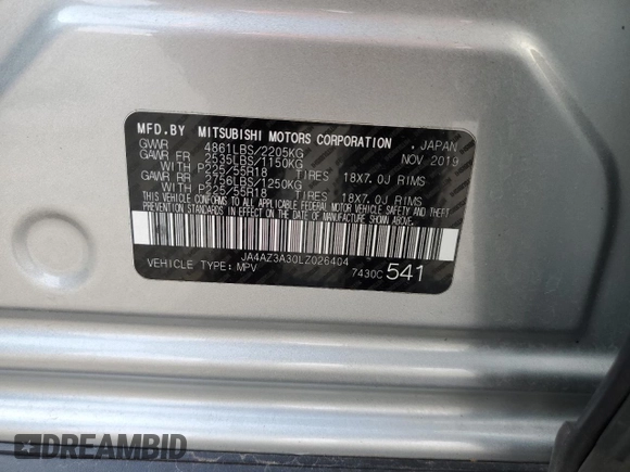 2020 Mitsubishi Outlander ES with VIN JA4AZ3A30LZ026404, listed as a Copart auction lot 52944565 with 94,115 mi miles and Salvage title. Bid and sale history available at DreamBid. Image 13.