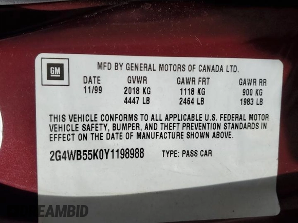 2000 Buick Regal LS with VIN 2G4WB55K0Y1198988, listed as a Copart auction lot 73635054 with 53,298 mi miles and Salvage Title. Bid and sale history available at carsss.com. Image 14.