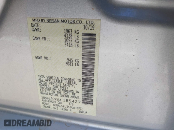 2020 Nissan Altima 2.5 SR with VIN 1N4BL4CV5LC185427, listed as a IAAI auction lot 38522740 with 57,874 mi miles. Bid and sale history available at carsss.com. Image 9.