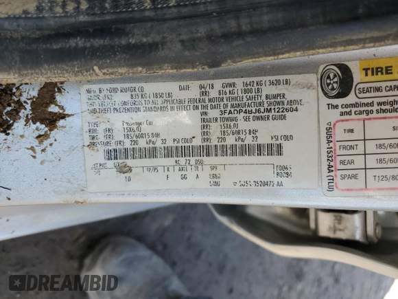 2018 Ford Fiesta SE with VIN 3FADP4BJ6JM122604, listed as a Copart auction lot 46728465 with 122,230 mi miles and Salvage Title. Bid and sale history available at DreamBid. Image 13.
