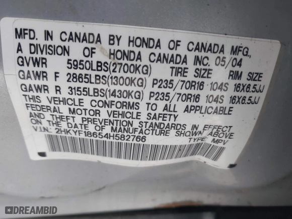 2004 Honda Pilot EX with VIN 2HKYF18654H582766, listed as a IAAI auction lot 41537873 with 294,035 mi miles. Bid and sale history available at carsss.com. Image 9.