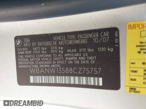 2008 BMW 5 Series 535i with VIN WBANW13588CZ75757, listed as a IAAI auction lot 41759107 with Not Provided miles and . Bid and sale history available at carsss.com. Image 9.
