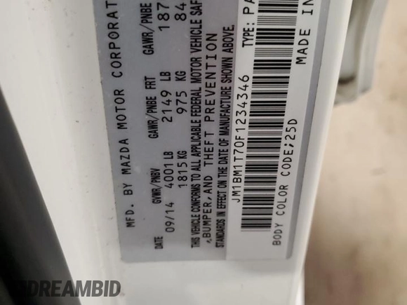 2015 Mazda 3 i SV with VIN JM1BM1T70F1234346, listed as a Copart auction lot 53711985 with 54,636 mi miles and Salvage Title. Bid and sale history available at DreamBid. Image 12.