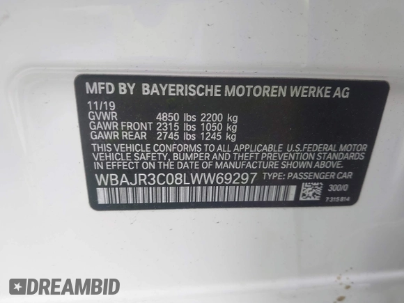 2020 BMW 5 Series 530i with VIN WBAJR3C08LWW69297, listed as a IAAI auction lot 41755008 with 64,049 mi miles and . Bid and sale history available at DreamBid. Image 9.