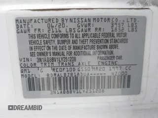 2020 Nissan Sentra S z VIN 3N1AB8BV1LY251208, wystawiony jako IAAI lot #42030362 z przebiegiem 55 257 mil mil oraz . Historia ofert i sprzedaży dostępna na DreamBid. Obrazek 9.