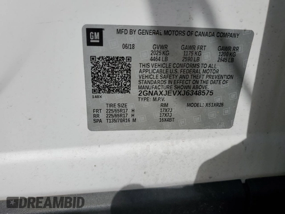 2018 Chevrolet Equinox LT with VIN 2GNAXJEVXJ6348575, listed as a Copart auction lot 61253785 with 147,855 mi miles and Salvage title. Bid and sale history available at DreamBid. Image 13.