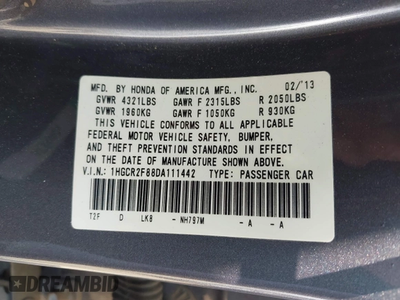 2013 Honda Accord EX-L with VIN 1HGCR2F88DA111442, listed as a IAAI auction lot 42138923 with 112,097 mi miles and . Bid and sale history available at DreamBid. Image 9.