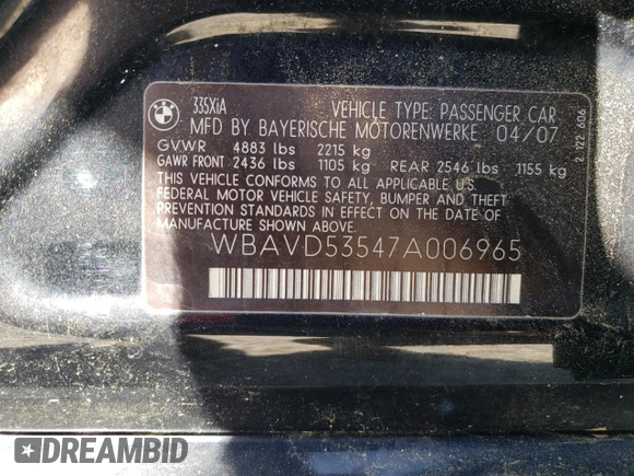 2007 BMW 3 Series 335xi with VIN WBAVD53547A006965, listed as a Copart auction lot 53650575 with 89,921 mi miles and Salvage Title. Bid and sale history available at carsss.com. Image 12.
