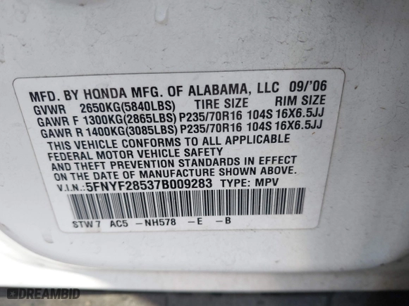 2007 Honda Pilot EX-L with VIN 5FNYF28537B009283, listed as a IAAI auction lot 41818815 with 155,020 mi miles. Bid and sale history available at carsss.com. Image 9.