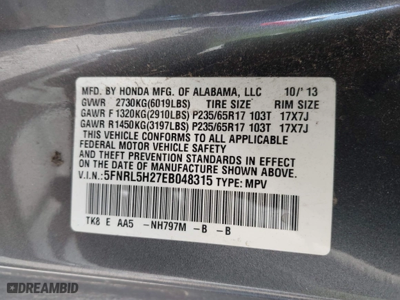2014 Honda Odyssey LX with VIN 5FNRL5H27EB048315, listed as a IAAI auction lot 41417864 with 110,346 mi miles. Bid and sale history available at carsss.com. Image 9.