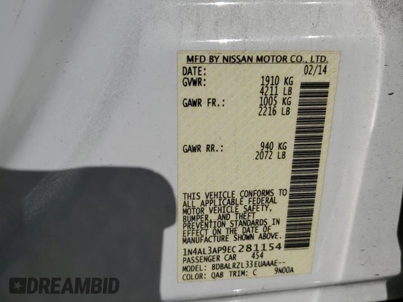 2014 Nissan Altima S with VIN 1N4AL3AP9EC281154, listed as a Copart auction lot 49719095 with 120,191 mi miles and Salvage Title. Bid and sale history available at DreamBid. Image 14.