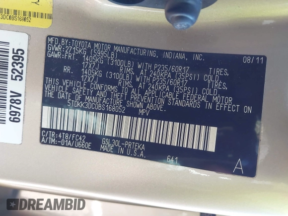 2011 Toyota Sienna LE AAS with VIN 5TDKK3DC0BS168052, listed as a IAAI auction lot 41688494 with 49,095 mi miles. Bid and sale history available at carsss.com. Image 9.